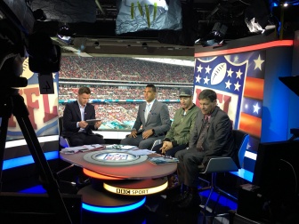 BBC studio at Wembley Stadium for the NFL game in London with Harry Connick, Jr.